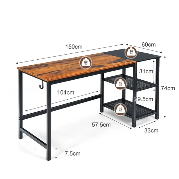 Bureau d'Ordinateur Bureau Informatique avec 2 Étagères de Stockage et Crochet pour Casque 150x60x74cm Noir+Brun Rustique