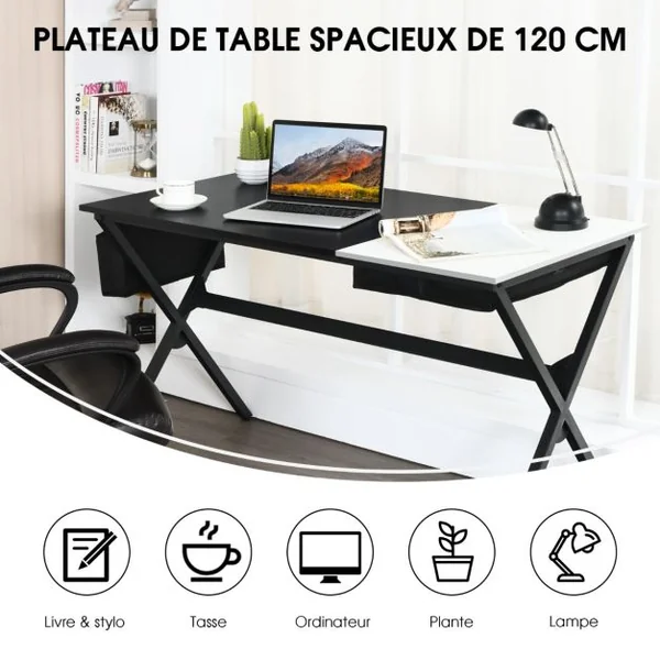 Bureau d'Ordinateur de 120CM Tiroir Cubique Caché Latéral Noir