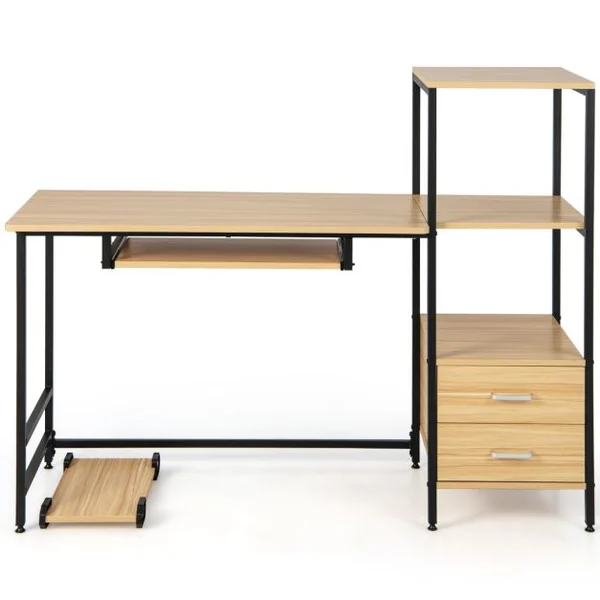 Bureau d'Ordinateur Industriel 3 Étagères de Rangement 2 Tiroirs 140x50x110CM Table Informatique Patins Réglables Naturel