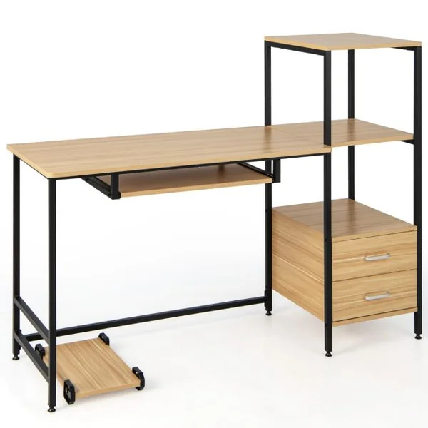 Bureau d'Ordinateur Industriel 3 Étagères de Rangement 2 Tiroirs 140x50x110CM Table Informatique Patins Réglables Naturel