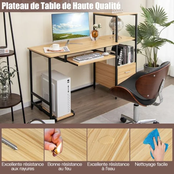 Bureau d'Ordinateur Industriel 3 Étagères de Rangement 2 Tiroirs 140x50x110CM Table Informatique Patins Réglables Naturel