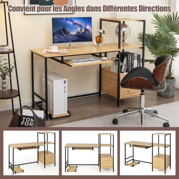Bureau d'Ordinateur Industriel 3 Étagères de Rangement 2 Tiroirs 140x50x110CM Table Informatique Patins Réglables Naturel