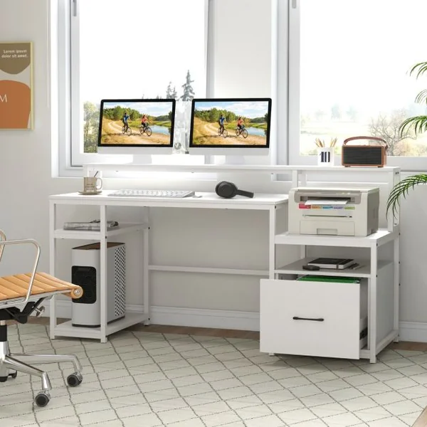 Bureau d’Ordinateur Poste de Travail Informatique avec Support pour Écran et Tiroir à Fichiers Bureau d’Écriture Multifonctionnel Blanc