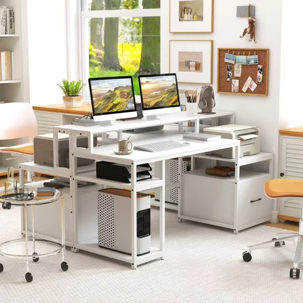 Bureau d’Ordinateur Poste de Travail Informatique avec Support pour Écran et Tiroir à Fichiers Bureau d’Écriture Multifonctionnel Blanc