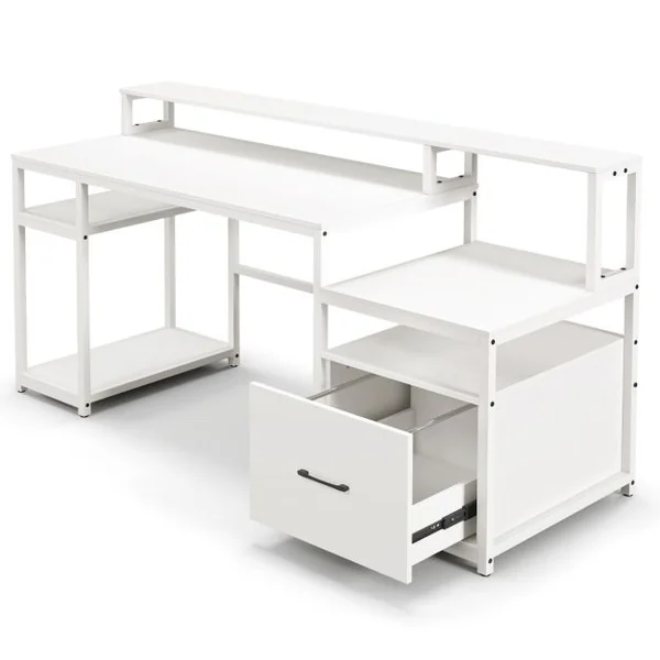 Bureau d’Ordinateur Poste de Travail Informatique avec Support pour Écran et Tiroir à Fichiers Bureau d’Écriture Multifonctionnel Blanc