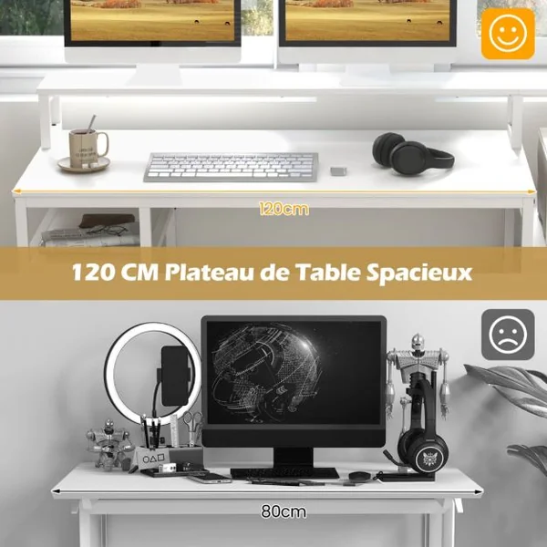 Bureau d’Ordinateur Poste de Travail Informatique avec Support pour Écran et Tiroir à Fichiers Bureau d’Écriture Multifonctionnel Blanc