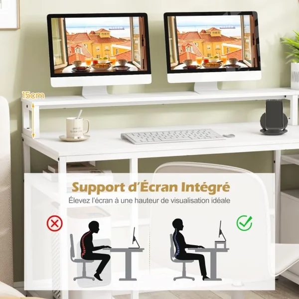 Bureau d’Ordinateur Poste de Travail Informatique avec Support pour Écran et Tiroir à Fichiers Bureau d’Écriture Multifonctionnel Blanc