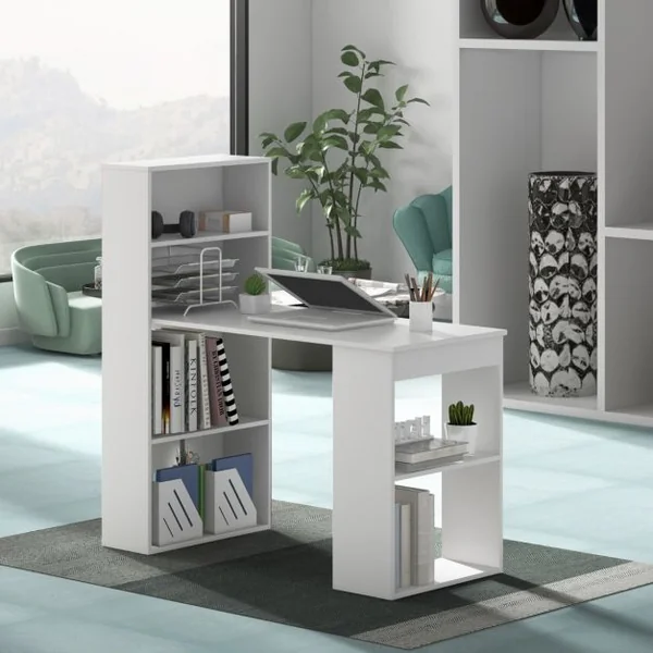 Bureau d'Ordinateur Réversible avec Bibliothèque Poste de Travail Moderne avec Étagères de Rangement à 6 Niveaux Blanc/Naturel/Noir