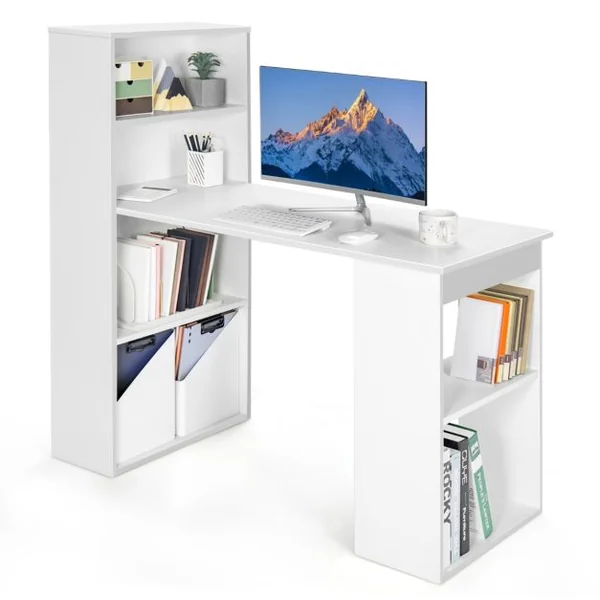 Bureau d'Ordinateur Réversible avec Bibliothèque Poste de Travail Moderne avec Étagères de Rangement à 6 Niveaux Blanc/Naturel/Noir
