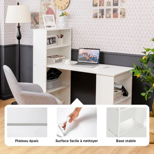 Bureau d'Ordinateur Réversible avec Bibliothèque Poste de Travail Moderne avec Étagères de Rangement à 6 Niveaux Blanc/Naturel/Noir