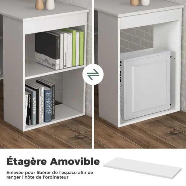 Bureau d'Ordinateur Réversible avec Bibliothèque Poste de Travail Moderne avec Étagères de Rangement à 6 Niveaux Blanc/Naturel/Noir