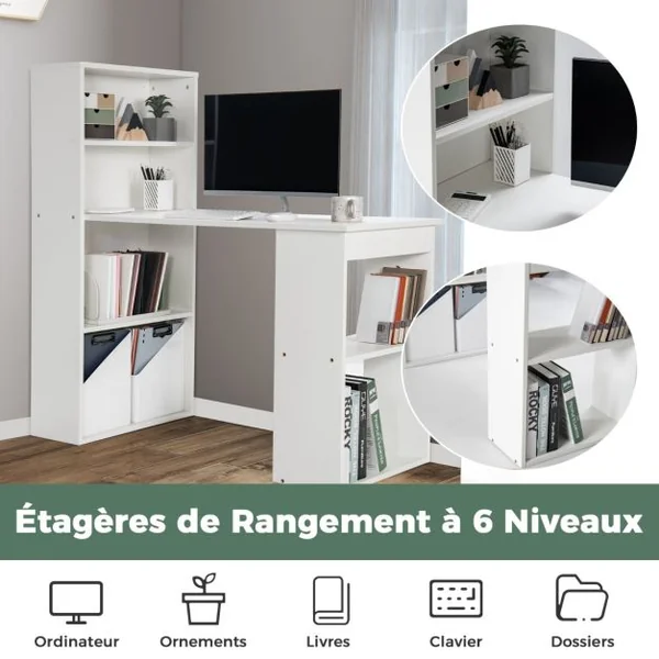 Bureau d'Ordinateur Réversible avec Bibliothèque Poste de Travail Moderne avec Étagères de Rangement à 6 Niveaux Blanc/Naturel/Noir
