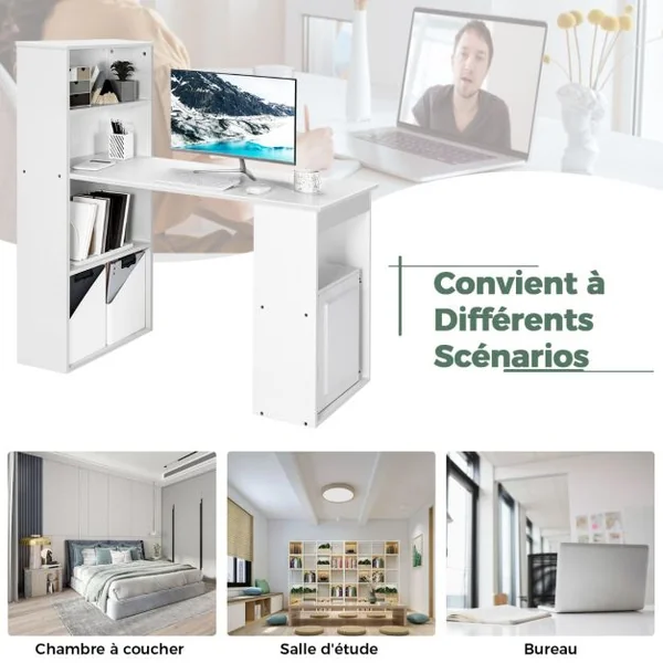 Bureau d'Ordinateur Réversible avec Bibliothèque Poste de Travail Moderne avec Étagères de Rangement à 6 Niveaux Blanc/Naturel/Noir