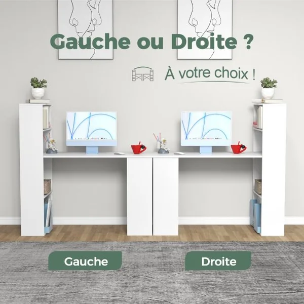 Bureau d'Ordinateur Réversible avec Bibliothèque Poste de Travail Moderne avec Étagères de Rangement à 6 Niveaux Blanc/Naturel/Noir