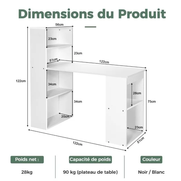 Bureau d'Ordinateur Réversible avec Bibliothèque Poste de Travail Moderne avec Étagères de Rangement à 6 Niveaux Blanc/Naturel/Noir