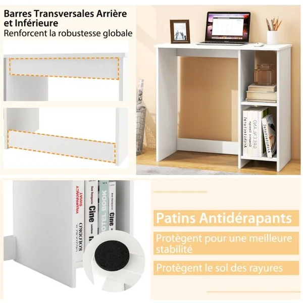 Bureau d'Ordinateur Table de Travail pour Petit Espace avec 2 Compartiments Bureau Informatique 40 x 80 x74 cm Blanc