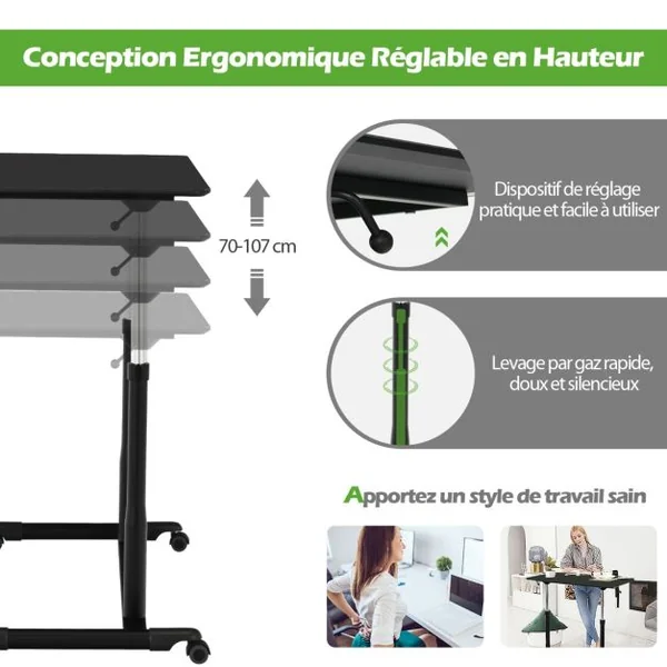 Bureau d'Ordinateur Table PC avec Roulettes Hauteur Ajustable Idéal pour Domicile au Bureau Café