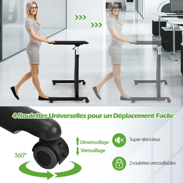 Bureau d'Ordinateur Table PC avec Roulettes Hauteur Ajustable Idéal pour Domicile au Bureau Café