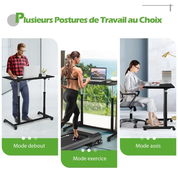 Bureau d'Ordinateur Table PC avec Roulettes Hauteur Ajustable Idéal pour Domicile au Bureau Café