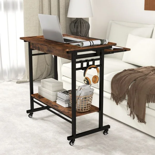 Bureau d'Ordinateur à Roulettes Bureau Informatique Mobile avec Plateau Clavier Extractible pour Bureau à Domicile Chambre d’Enfant Marron