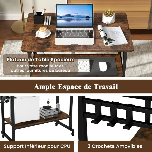 Bureau d'Ordinateur à Roulettes Bureau Informatique Mobile avec Plateau Clavier Extractible pour Bureau à Domicile Chambre d’Enfant Marron