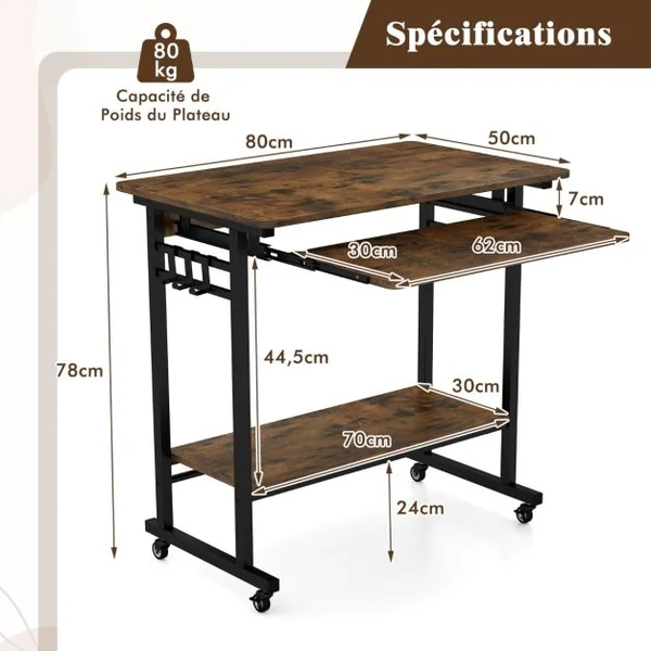 Bureau d'Ordinateur à Roulettes Bureau Informatique Mobile avec Plateau Clavier Extractible pour Bureau à Domicile Chambre d’Enfant Marron