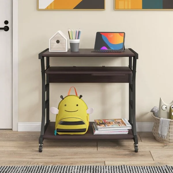 Bureau d'Ordinateur à Roulettes pour Petits Espaces Bureau d'Ordinateur Mobile de 75 cm Plateau pour Clavier Extractible Plateau pour Souris Marron
