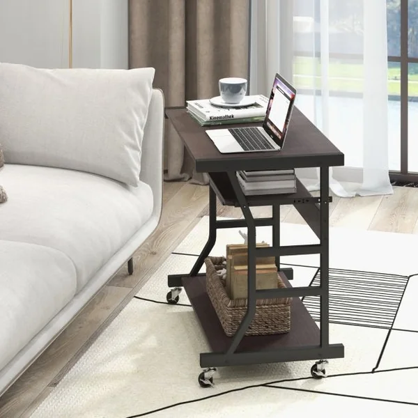 Bureau d'Ordinateur à Roulettes pour Petits Espaces Bureau d'Ordinateur Mobile de 75 cm Plateau pour Clavier Extractible Plateau pour Souris Marron