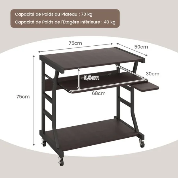 Bureau d'Ordinateur à Roulettes pour Petits Espaces Bureau d'Ordinateur Mobile de 75 cm Plateau pour Clavier Extractible Plateau pour Souris Marron