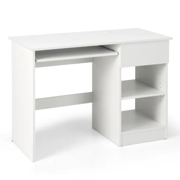 Bureau Droit 108 x 48 x 75 CM (L x l x H) Plateau Clavier Coulissant 1 Grand Tiroir 1 Étagère Réglable et Amovible Blanc
