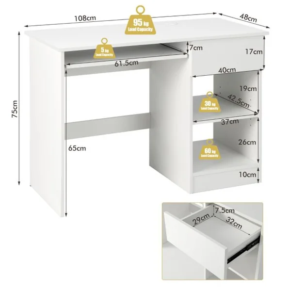 Bureau Droit 108 x 48 x 75 CM (L x l x H) Plateau Clavier Coulissant 1 Grand Tiroir 1 Étagère Réglable et Amovible Blanc