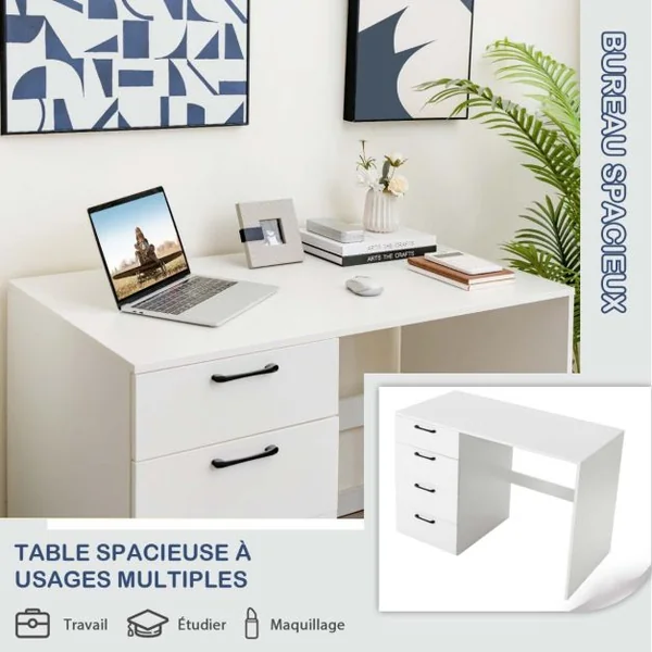 Bureau Droit avec 4 Tiroirs MDF Finition Mélaminé et Laqué UV - L110 x P60 x H76 cm- Brillance Blanche