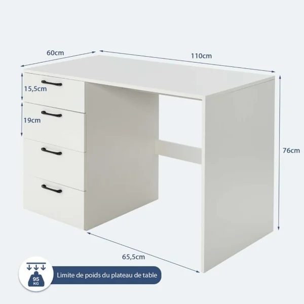 Bureau Droit avec 4 Tiroirs MDF Finition Mélaminé et Laqué UV - L110 x P60 x H76 cm- Brillance Blanche