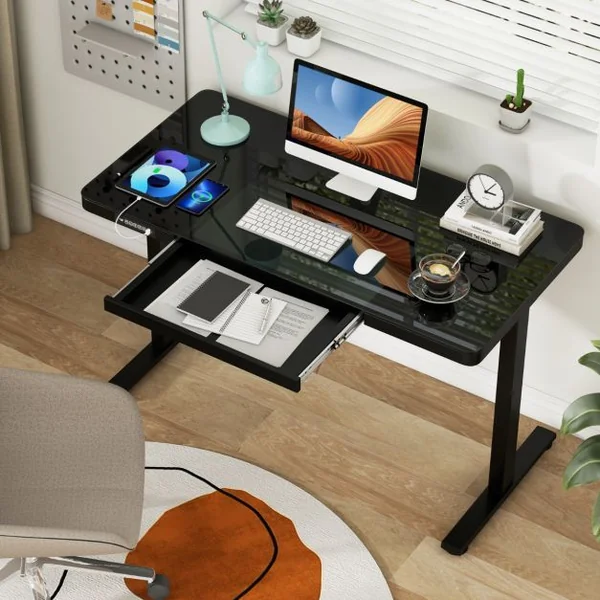 Bureau Electrique Assis-debout avec Tiroir Bureau Réglable en Hauteur de 120 cm 2 Positions de Mémoire Prises USB Type-C Noir