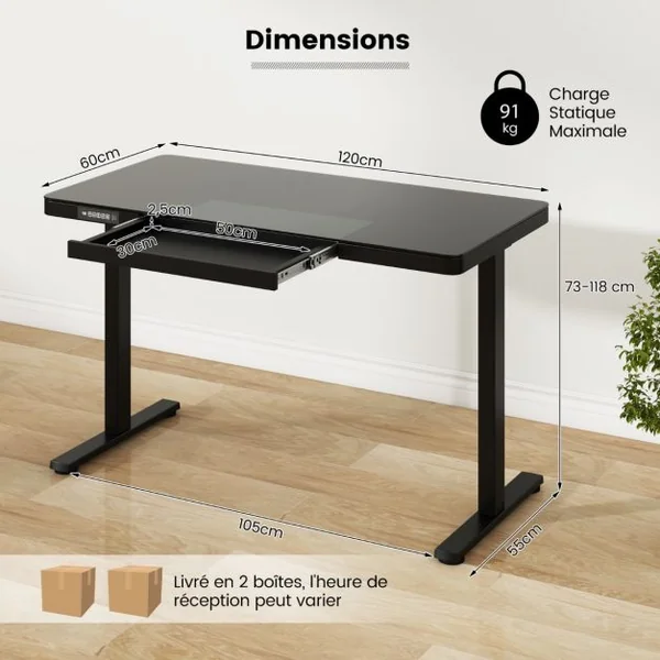 Bureau Electrique Assis-debout avec Tiroir Bureau Réglable en Hauteur de 120 cm 2 Positions de Mémoire Prises USB Type-C Noir