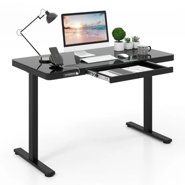 Bureau Electrique Assis-debout avec Tiroir Bureau Réglable en Hauteur de 120 cm 2 Positions de Mémoire Prises USB Type-C Noir