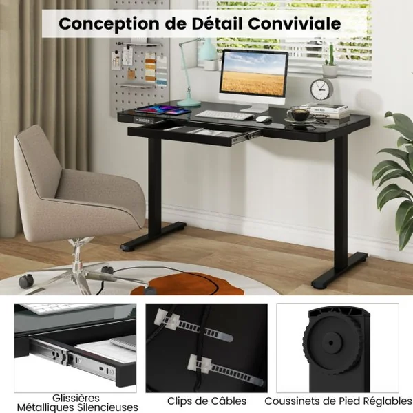 Bureau Electrique Assis-debout avec Tiroir Bureau Réglable en Hauteur de 120 cm 2 Positions de Mémoire Prises USB Type-C Noir