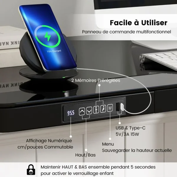 Bureau Electrique Assis-debout avec Tiroir Bureau Réglable en Hauteur de 120 cm 2 Positions de Mémoire Prises USB Type-C Noir