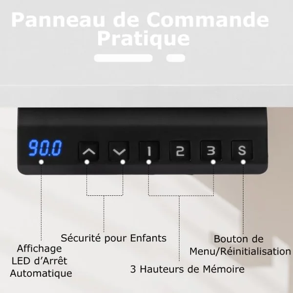 Bureau Electrique avec 3 Réglages de Hauteur à Mémoire Bureau Réglable en Hauteur 2 Crochets de Suspension Blanc/Marron Rustique/Naturel