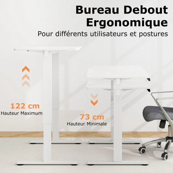 Bureau Electrique avec 3 Réglages de Hauteur à Mémoire Bureau Réglable en Hauteur 2 Crochets de Suspension Blanc/Marron Rustique/Naturel