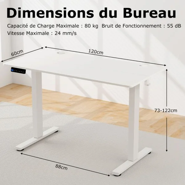 Bureau Electrique avec 3 Réglages de Hauteur à Mémoire Bureau Réglable en Hauteur 2 Crochets de Suspension Blanc/Marron Rustique/Naturel