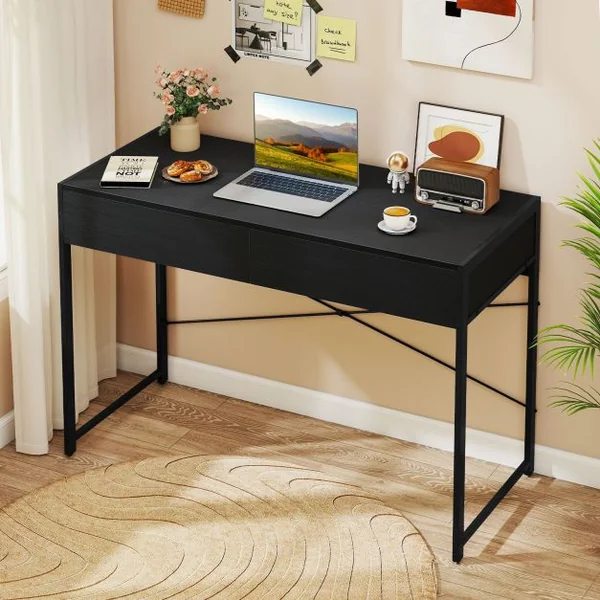 Bureau en Bois et Acier avec 2 Tiroirs 112x48x76CM Design Rétro Poste de Travail Noir
