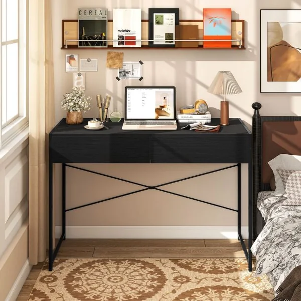 Bureau en Bois et Acier avec 2 Tiroirs 112x48x76CM Design Rétro Poste de Travail Noir