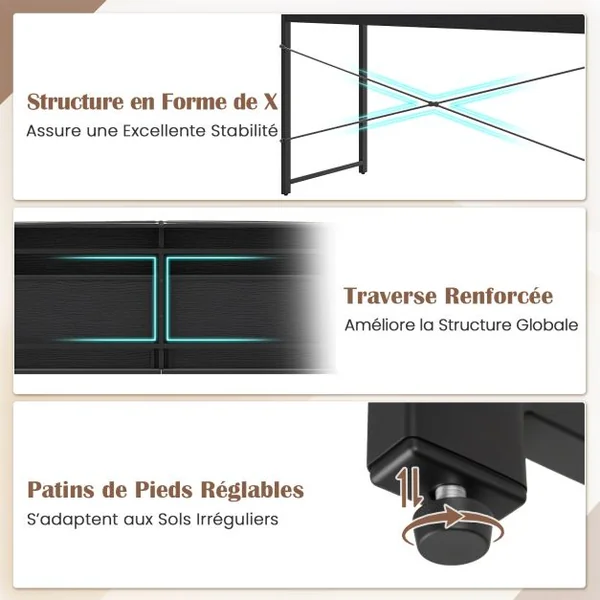 Bureau en Bois et Acier avec 2 Tiroirs 112x48x76CM Design Rétro Poste de Travail Noir