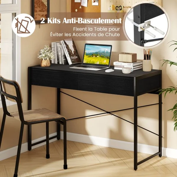 Bureau en Bois et Acier avec 2 Tiroirs 112x48x76CM Design Rétro Poste de Travail Noir