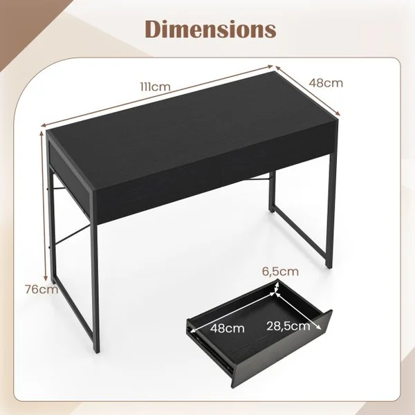 Bureau en Bois et Acier avec 2 Tiroirs 112x48x76CM Design Rétro Poste de Travail Noir