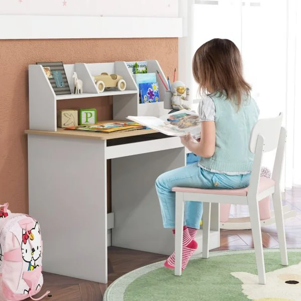 Bureau en Bois pour Enfants et Adolescents Poste de Travail Informatique avec Niche et Bibliothèque Plateau pour Clavier Naturel