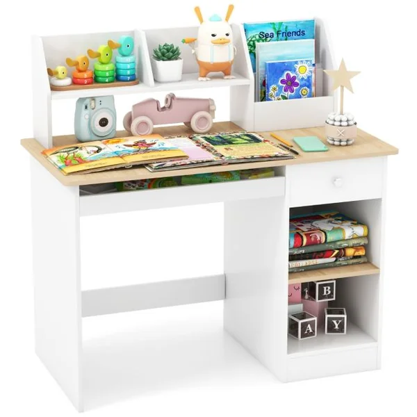 Bureau en Bois pour Enfants et Adolescents Poste de Travail Informatique avec Niche et Bibliothèque Plateau pour Clavier Naturel