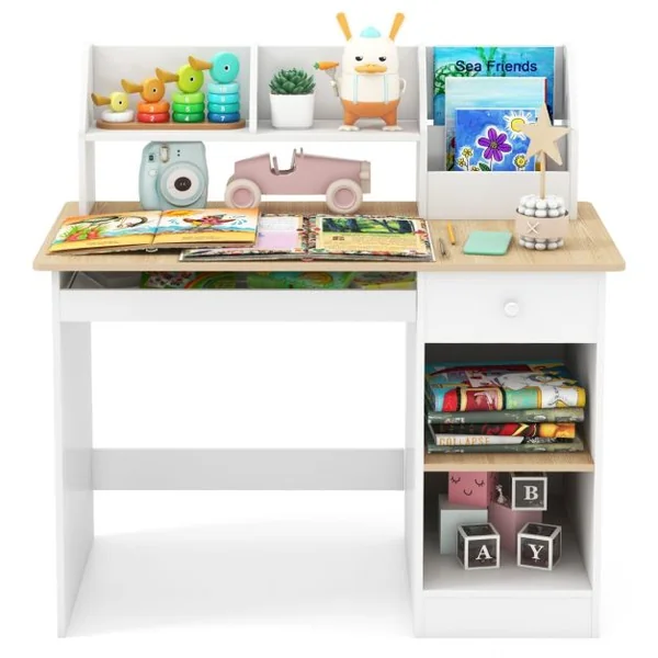 Bureau en Bois pour Enfants et Adolescents Poste de Travail Informatique avec Niche et Bibliothèque Plateau pour Clavier Naturel