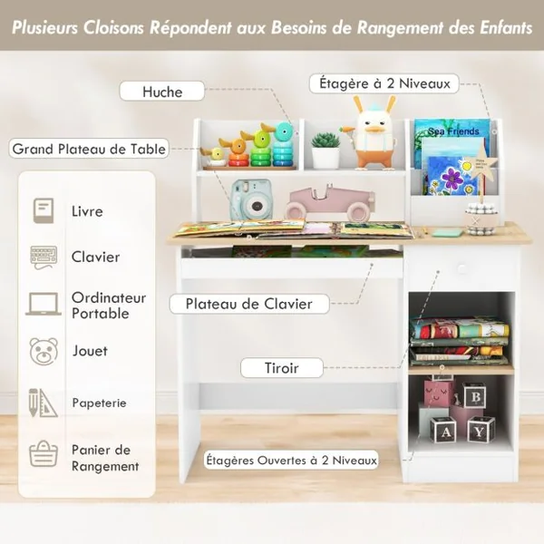 Bureau en Bois pour Enfants et Adolescents Poste de Travail Informatique avec Niche et Bibliothèque Plateau pour Clavier Naturel
